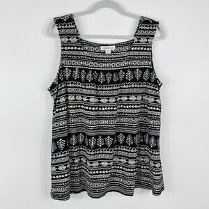 Coldwater Creek Size Large Printed Square Neck Tank Top Black Tan 100% Cotton